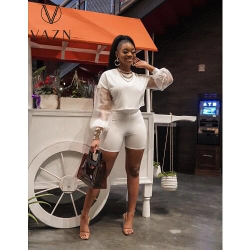 VAZN 2021 Spring Summer Patchwork Daily Sweet Full Sleeve Short Pant Sexy Young High Waist Skinny Women 2 Piece Set