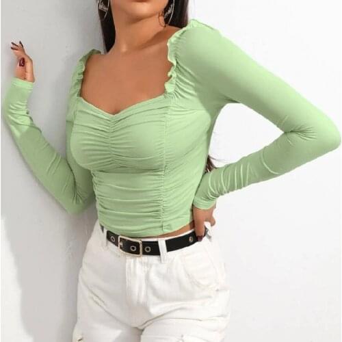 Long Sleeve Crop Tops Female Solid Color Square V-Neck Frill Trim Ruched Front Slim Fit T-Shirts Women Fashion Wild Clothes