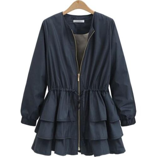 Autumn winter women jacket o neck long sleeves elastic waist belt ruffles windbreaker female coat casual loose outwear plus size