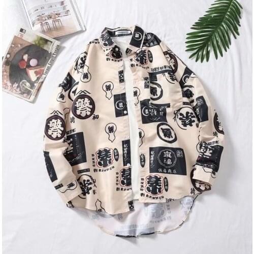 Mens casual print shirt Chinese and Japanese style retro long sleeve design shirt student shirt