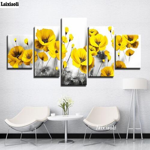 Diy Diamond Painting Poppy Flower Cross Stitch Embroidery Black and white yellow flower Full Square round Rhinestone Mosaic 5pcs