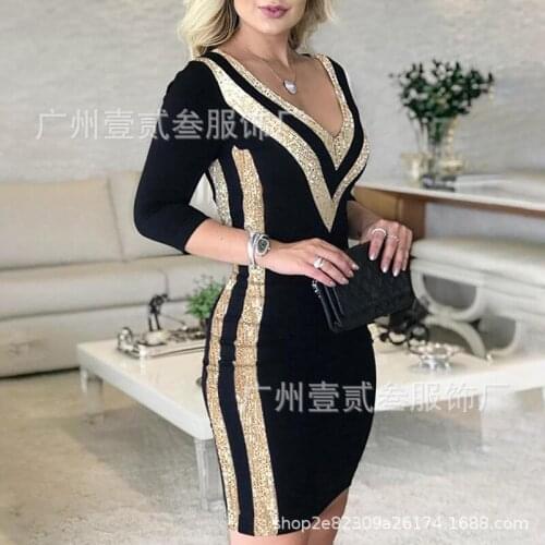 Sexy Summer Dress Women Sequined Patchwork Half Sleeve V Neck Slim Womens Pencil Dress Lugentolo