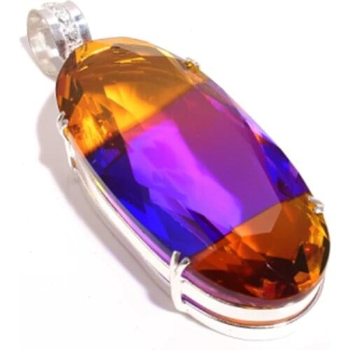 Genuine Citrine Pendant Silver Overlay over Copper , Hand made Women Jewelry gift, P8616