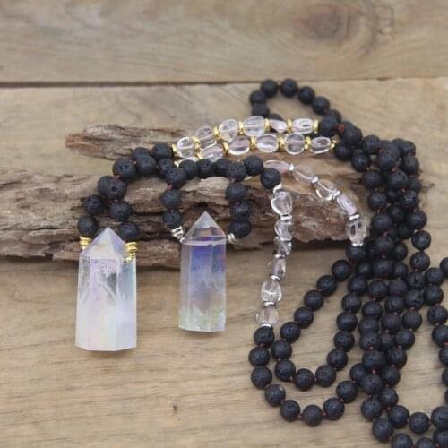 Aura White Crystal Tower Pendants Yoga Jewelry 8mm Lava Stone Round Beads Handmade Knotted Necklaces AB Quartz Point,QC0138
