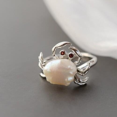 Handmade Creative 925 Sterling Silver Delicate Cute Little Crab Trendy Natural Freshwater Baroque Pearl Resizable Opening Rings