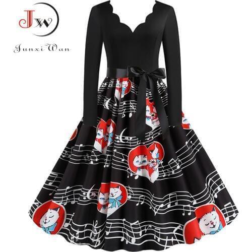 S~3XL Sexy Black Party Dress Music Note Print V-neck Women Long Sleeve Winter Vintage Rockabilly Dress Valentines Day Plus size