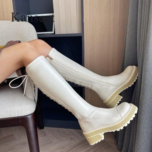 Kanseet Riding Boots 2021 Winter New Round Toe Zip Knee-High Boots Handmade Chunky Heels Platform Stretch Women Long Boots Beige