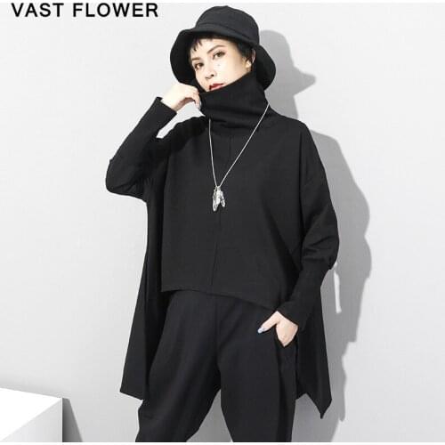 Black Irregular Sweatshirt Women High Collar Long Sleeve Pullover Casual Loose Sweatshirt Fashion Clothes New Spring Autumn 2021