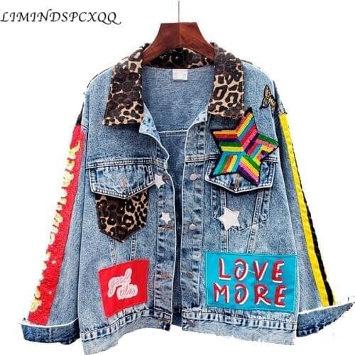 Sequins Loose Denim Jacket Girls Students High Street Party Jeans Coats Women 2021 New Female Nightclub Outwear Chaqueta Mujer