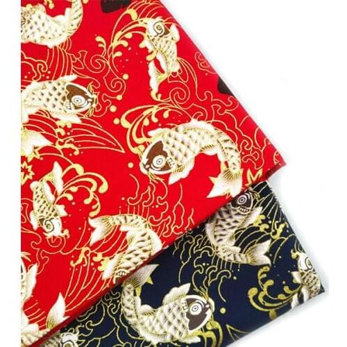Navy Blue Red Koi Cotton Bronzing Fabric, Precut Sewing Patchwork Fabric For DIY Costume Jewelry Quilting Japanese Fabric