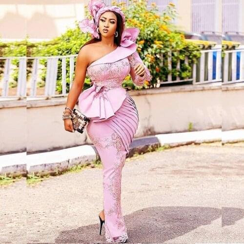 Bluch Pink Aso Ebi Prom Dresses Lace Pleats One Shoulder Plus Size Evening Dress Peplum Arabic Vestidos Formal Party Gowns