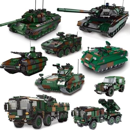Military WW2 Germany Leopard 1 Mardar Tank Lars-2 Rocket Armored Vehicle Model Buidling Blocks PZH2000 Cannon Weapons Bricks Toy