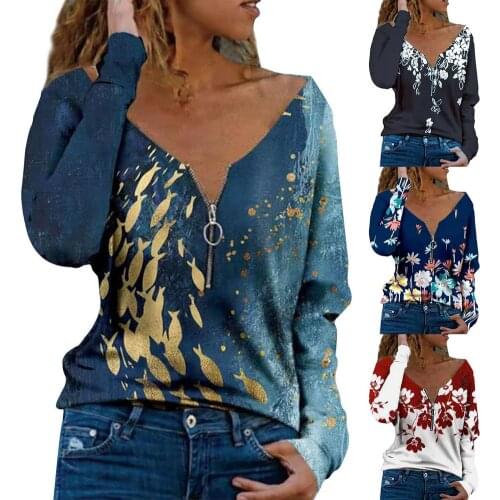 2021 Autumn Women Long Sleeve V-Neck Geometric Print Blouse Vinrage Loose Shirt Casual Pullover Ladies Elegant Tops Streetwear