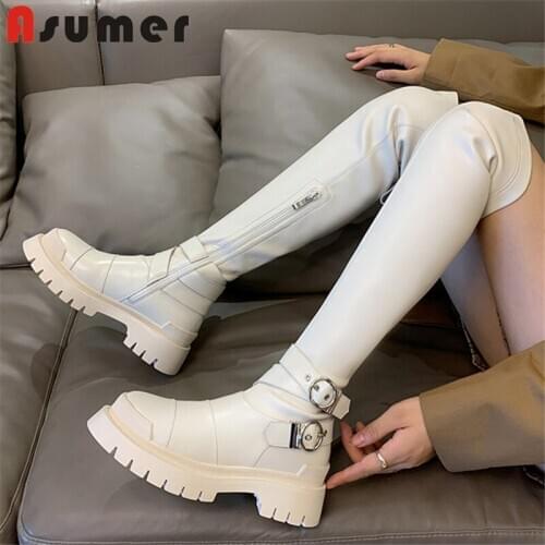 Asumer 2020 new fashion shoes women boots genuine leather +stretch pu buckle slim square heel sexy over the knee boots woman