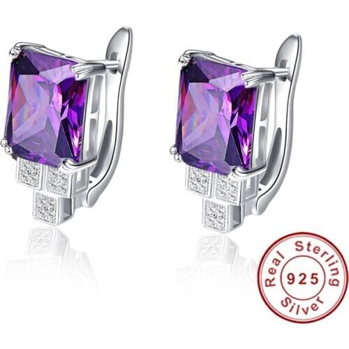 New Elegant 8.15g Purple Piercing Earrings Clip Design Women Amethyst Stone Ear Studs Silver 925 Bridal Wedding Party Jewelry