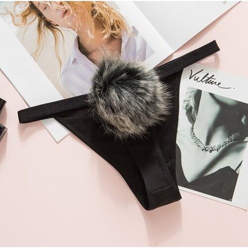 Women Lingerie Thong T-back Underwear Rabbit Hair Ball Briefs Panties G String Cute Ladies Girls Cotton Underpants