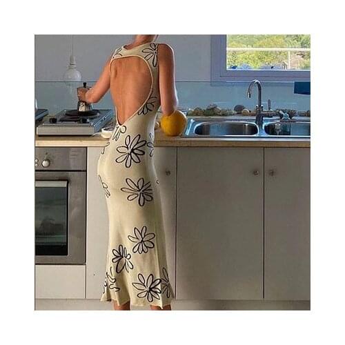 Floral Print Backless Sexy Knitted Dress Split Side Party Bodycon Long Dress Robe Vintage Skinny Fashion Streetwear