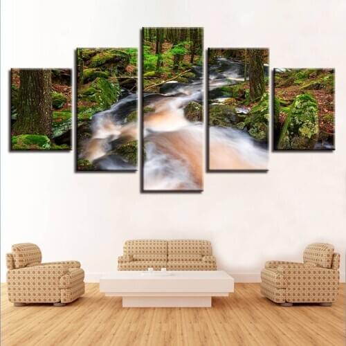 5 Pieces Modern Wall Art Pictures For Living Room Waterfall Landscape HD Canvas Painting Home Decor Modular Pictures(No Frame)