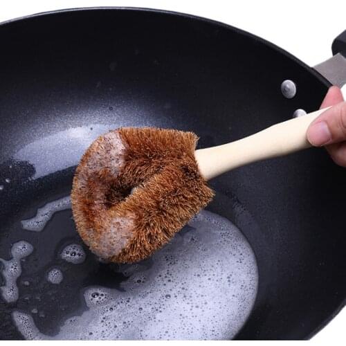 Non-stick Oil Natural Coconut Brown Long Handle Oil Cleaning Brush Pot Brush Dish Washing Hangable Brush Kichen Accessories