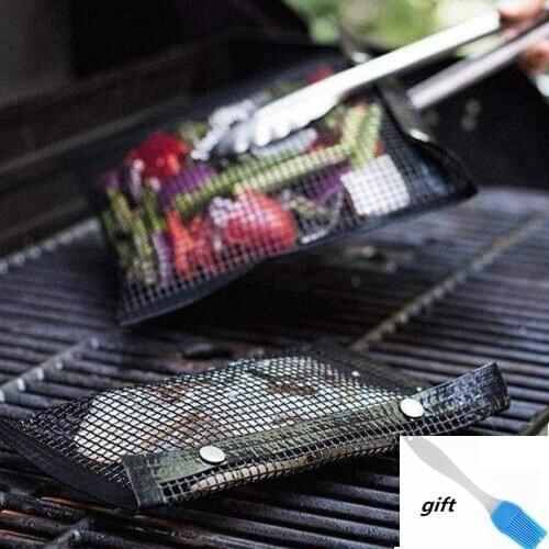 Non-Stick BBQ Baked Bag Reusable And Easy to Clean Non-Stick Mesh Grilling Bag with Free Oil Brush Outdoor Picnic BBQ Tools