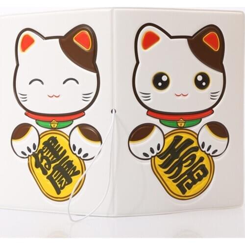 White Fortune Cat Passport Holder ID Card Holder 3D Design PVC Leather Business Card Bag Passport Cover 14*9.6CM