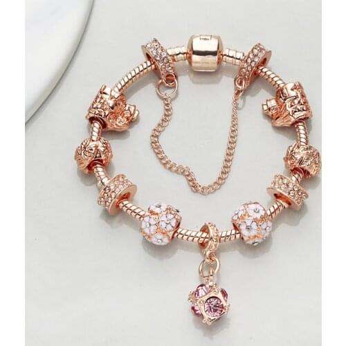 Seialoy Rose Gold Snake Chain Bracelet DIY Shiny Dangle Charm Bracelets For Women Hot Rose Crystal Pendant Fine Charm Bangle