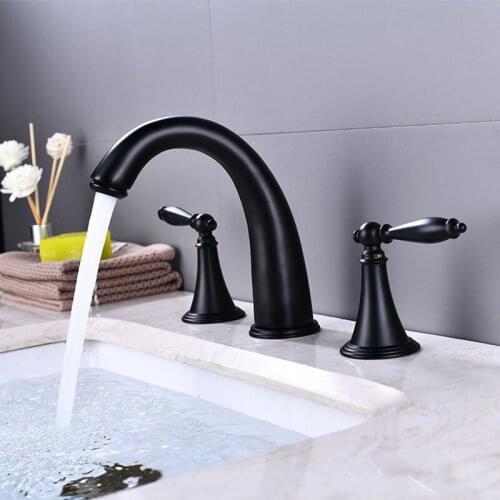 For Bathroom Basin Black/Silver Copper Hot And Cold Water Basin Faucet Double-handle Three-hole Split Three-piece Bathtub Tap