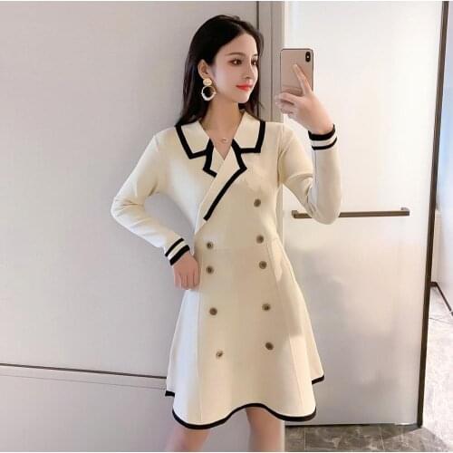 Elegant Autunm Vestidoes Korean Style Sexy A-line Slim Knitted Dress Notched Double-brested Knit Dresses Casual Female Swearter