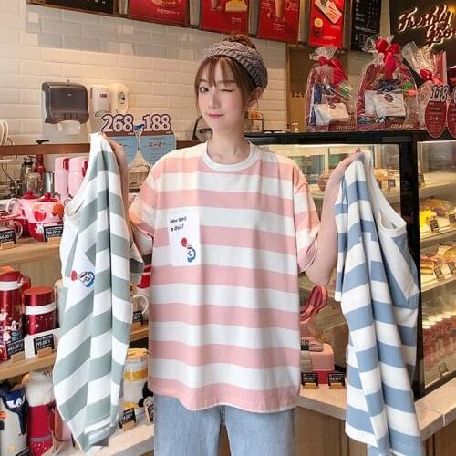 2021 Summer Japanese Kawaii Rainbow Striped T-Shirt Female Vitality Korean Style Round Neck t-Shirt Cute Student Casual Top