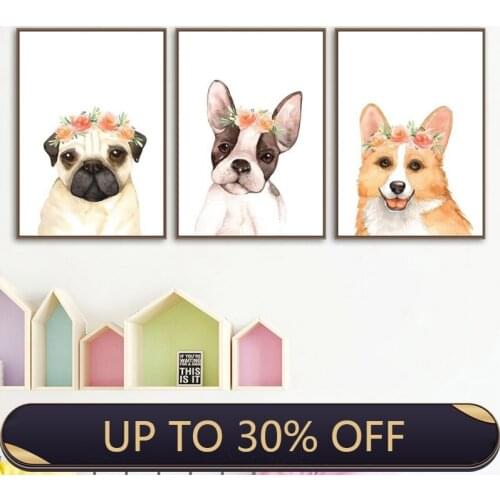 Nursery Puppy Dog Canvas Art Prints Floral Crown Dog Poster Pug Corgi Boston Terrier Canvas Painting Wall Pictures Home Decor