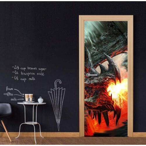 Creative Door Sticker Cartoon Fire Dragon 3D Door Cover Wall Stickers Kitchen Wallpaper Renew Mural Decal Home Decor