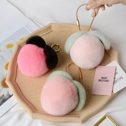 Fashion Quality Rex Rabbit Fur Peach Watermelon Plush Keychain Toys Soft Fur Bag Pendant Keychains Car Keychain Plush Pendant