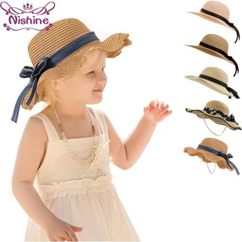 Nishine Children Fashion Handmade Knitting Summer Sunscreen Caps Cute Ribbon Bowknot Outdoor Beach Straw Hats Kids Headwear