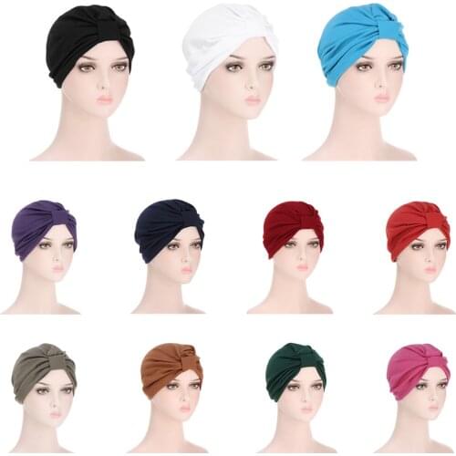 New Women Knotted Indian Cap Inner Hijab Stretchy Turban Muslim Hat Headband Female Chemo Caps Adult Head Wrap Headcover Fashion