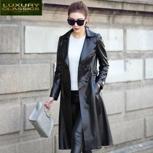 Autumn 100% Real Spring Sheepskin Coat Female Genuine Leather Montone Jacket Women Long Slim Double Breasted 2021 LWL1451