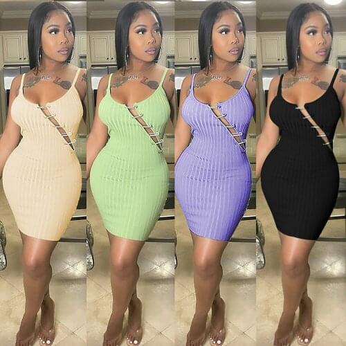 SKMY Sexy Spaghetti Strap Dress Women Clothing Fashion Pin Decoration Hollow Tight-Fitting Bodycon Dress Ladies Party Clubwear