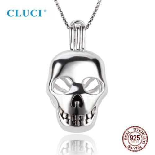 CLUCI 925 Sterling Silver Charms Skull Pearl Cage Locket Pendant for Necklace For Women Halloween Gift SC380SB