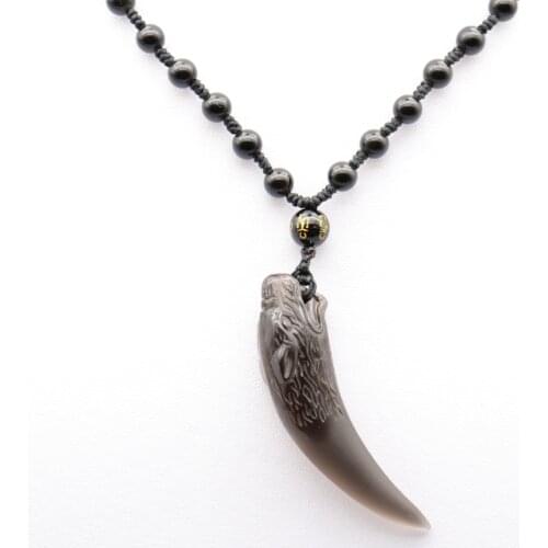 Drop Shipping Natural Stone Ice Obsidian Pendant Necklace Wolf Tooth Amulets Talismans Pendants For Women Men Jewelry