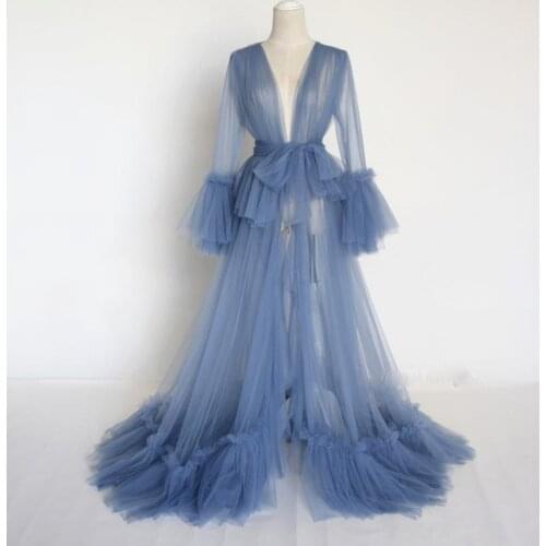 Dusty Blue Ruffled Tulle Prom Gowns Robe Long Sleeves Tiered Lush Maternity Women Dresses Robes Adjustable Belt