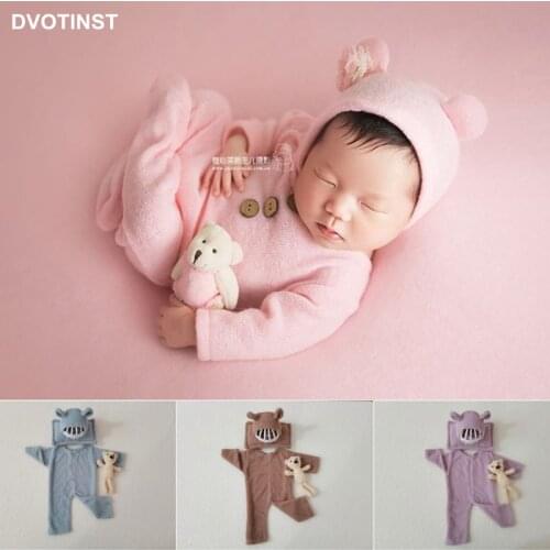 Dvotinst Newborn Baby Photography Props Soft Cute Bear Hats Bonnet Doll Outfits Set Background Blanket Studio Shoots Photo Props