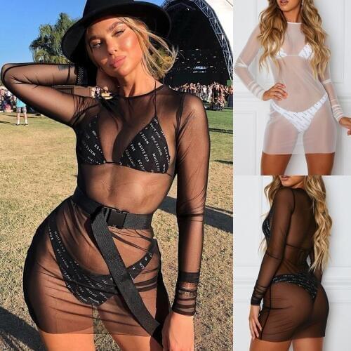 Hirigin Mesh See Through Sexy Dress Womem Sundress Summer 2020 New Long Sleeve Lace Mini Dress Party Fits Beach Bikini Cover Up