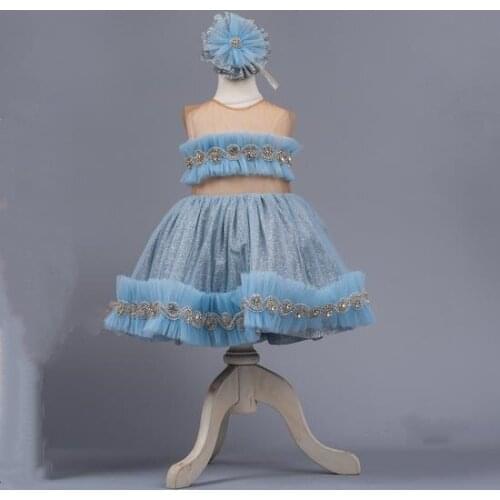 Blue Tulle Knee Length Baby Girl Birthday Party Dress Nude Sheer Neck Christening Dress Kids Clothes