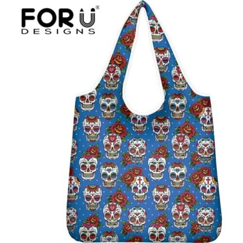 FORUDESIHNS Floral Skull Print Folding Pouch Large-capacity ECO Shopping Bag Sugar Skull Style Convenient Reusable Picnic Bag