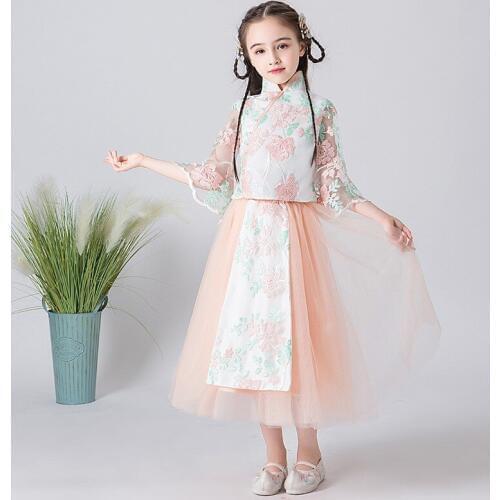 Flower Girl Wedding Bridesmaid Formal Lace Embroidery Flower Dress Mandarin Collar Cheongsam Chinese HanFu Dresses for Girls