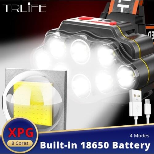 USB 8-core Strong Headlight 8*XPG Waterproof Head Lantern with Built-in 2x Battery USB Rechargable Powerful Flash Light Headlamp