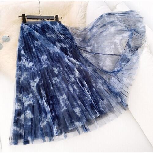 Retro Ink Painting Mesh Skirt A-Line Puff Midi Long Skirt Women Elegant Pleated Smudging Printed Skirt