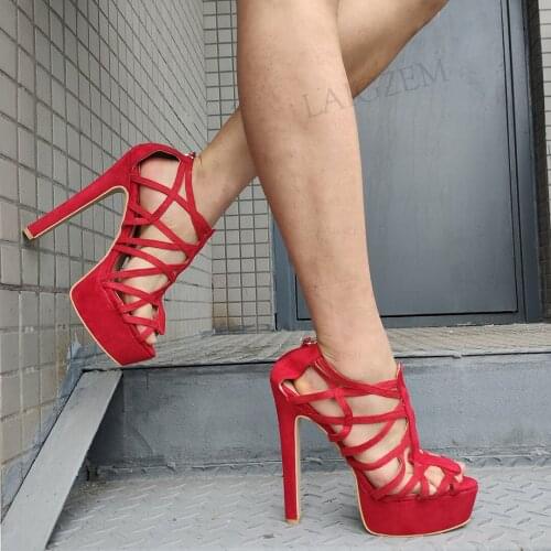 BERZIMER SUPER Women Platform Sandals Straps High Heels Gradiator Pump Faux Suede Prom Party Shoes Woman Big Size 41 42 46 47