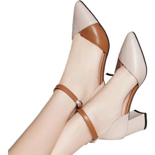 Women Sandals Womens Summer 2021 New Buckle Closed Toe High Heel Womens Shoes Genuine Leather Mid Heel Chunky Heel Shoes