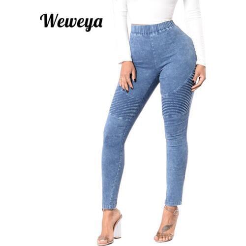 Weweya Pleated Skinny Jeans Elastic High Waist Moto Jeans For Women Slim Pencil Pants Jeans Female Push Up Jeans Calca Feminina