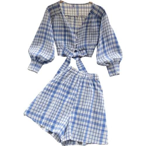 New Spring Summer Women Sets Vintage Plaids V-Neck Long Sleeve Short Shirt And Wide Leg Shorts Two Piece Set